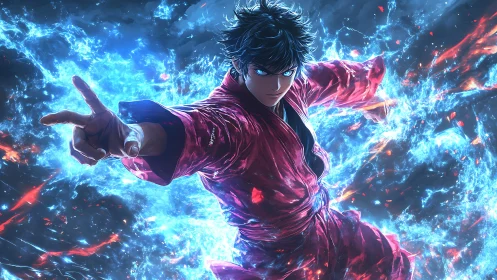 Martial hero channels electric blue energy in mid-strike.