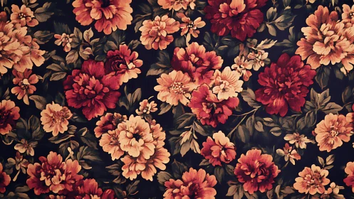 Velvet dusk garden wallpaper bursting with vintage blooms.