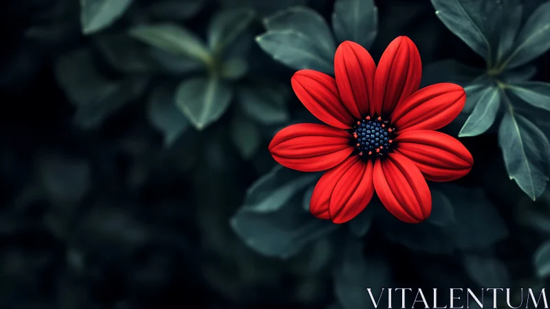 Vibrant Red Flower Blooming Among Dark Green Foliage.