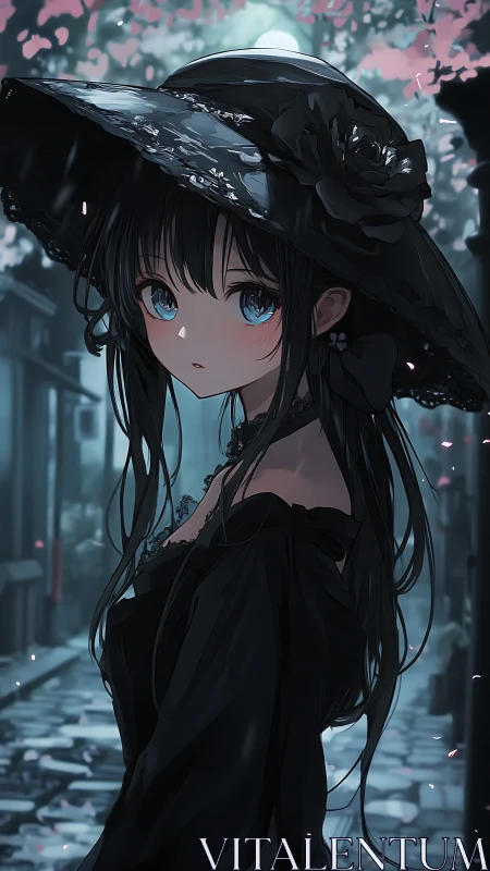 Young woman in black dress on wet cobblestone street at dusk.