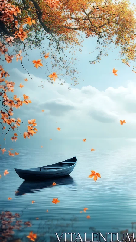 Lonely rowboat on calm lake with falling autumn leaves.