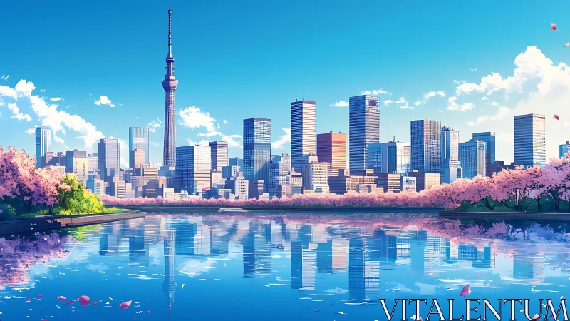 Urban skyline mirrored in tranquil river under clear spring sky