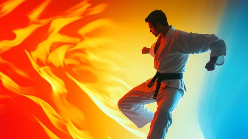 Martial artist kicks through blazing fire and cool light.