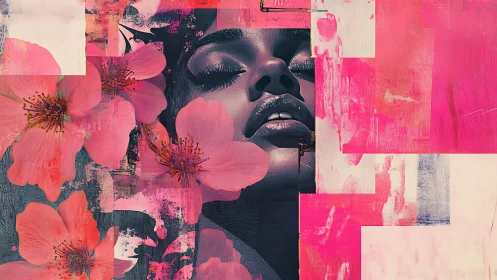 Chromatic floral overlay on digitally rendered serene visage.