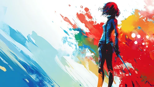 Silhouetted figure amid dynamic multicolor paint streaks.