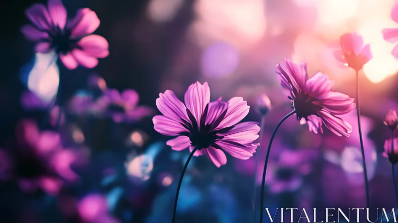 Soft purple wildflowers glow gently in dreamy evening light