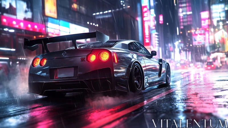 Aerodynamic GT street racer under neon rainfall at night.