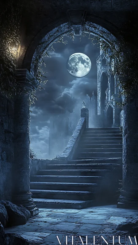 Moonlit gothic staircase ascends into misty ruined citadel