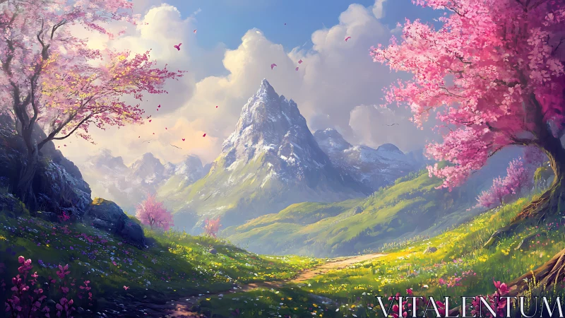 Mountain valley landscape with cherry trees and footpath.