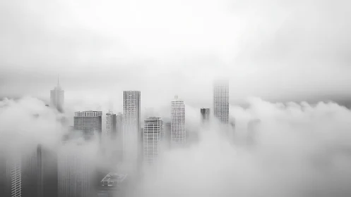 Fog-shrouded skyscrapers emerge through a quiet white sky.
