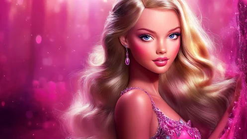Glamorous blonde doll portrait in luminous pink glow.
