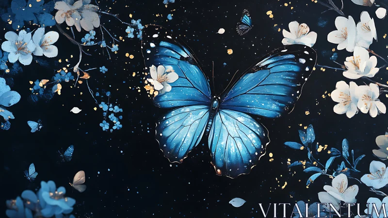 Blue butterfly illustration with white blossoms on dark background.