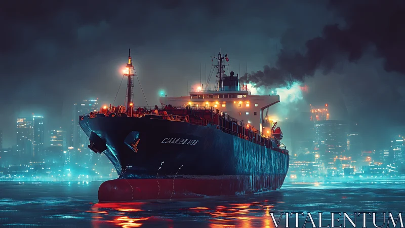 Midnight cargo titan gliding through neon harbor fog.