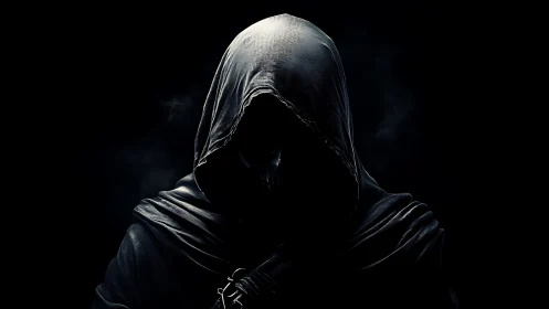 Shrouded reaper silhouette breathing quiet stormlight.