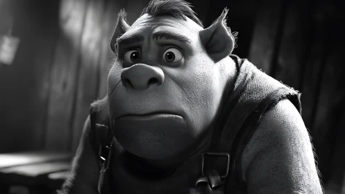 Worried 3D ogre portrait in dramatic monochrome light.