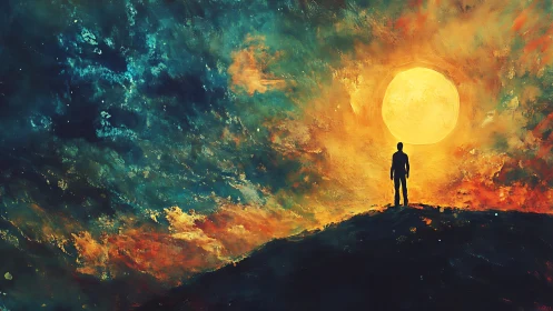 Silhouette on ridge facing oversized radiant sun at twilight