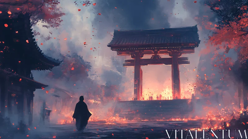 Lone wanderer crossing a burning shrine gate of embers.