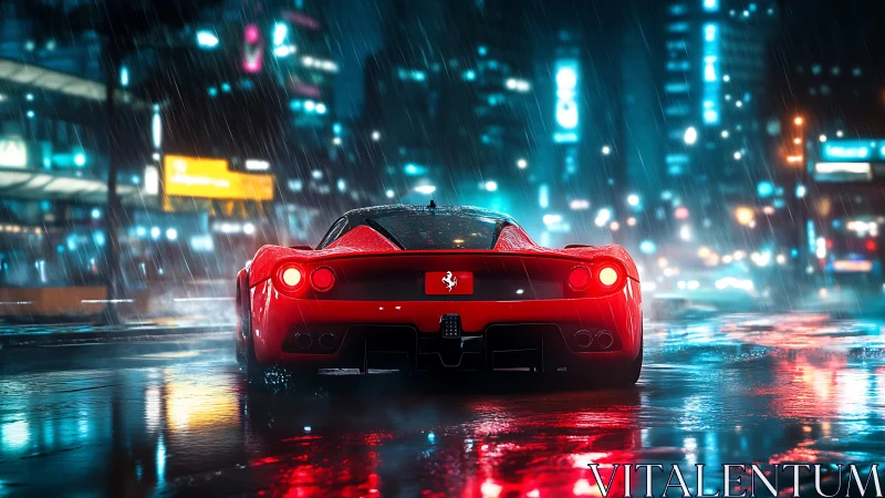 Red supercar reflects neon rainlight on slick midnight city street