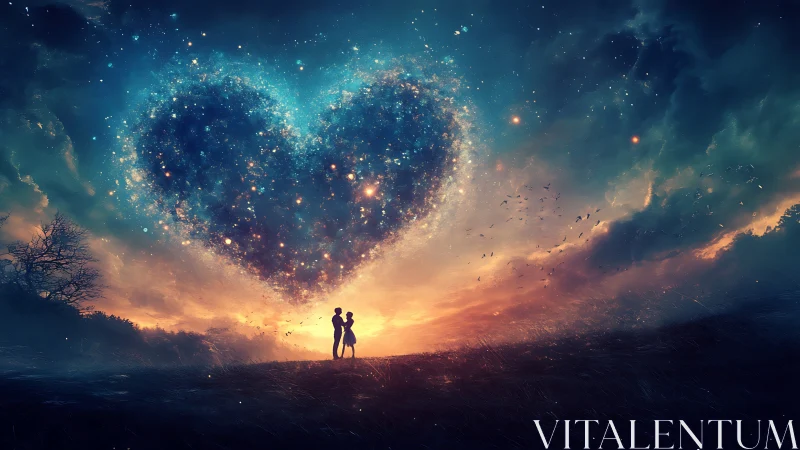 Silhouetted couple beneath cosmic heart constellation sky.