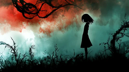 Silhouetted girl confronts crimson storm over twisted field.