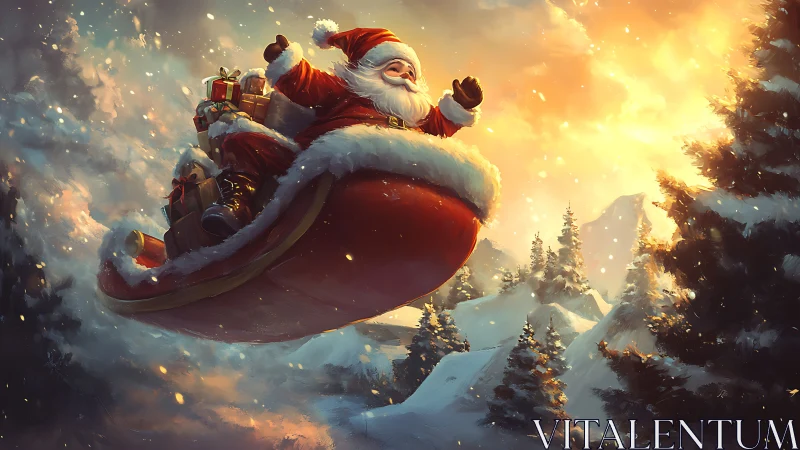 Santa soars in golden winter skies on gift-laden sleigh.