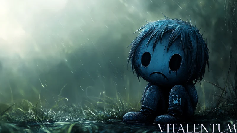 Rain-soaked sad doll curls into shadows of a quiet storm.