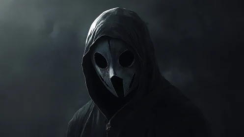 Hooded figure in dark bird skull mask against smoky void.