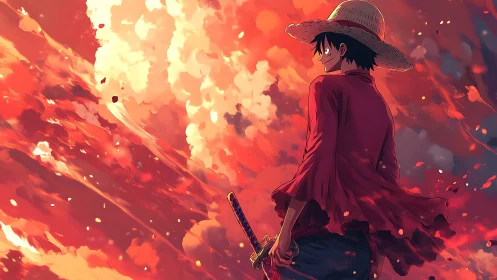 Sunset wanderer in a straw hat smiles toward fiery skies