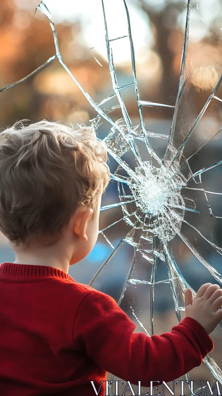 Small child in red sweater touching shattered glass pane