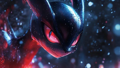 Glossy dark creature portrait with crimson reflective eyes.