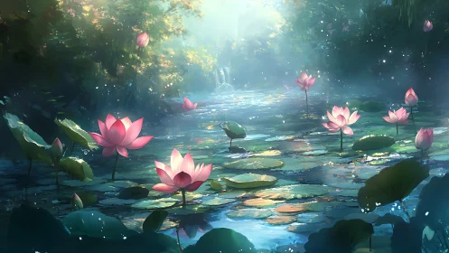 Sunlit lotus pond glows beneath soft morning mist