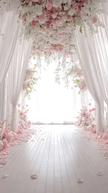 Indoor floral aisle under white draped canopy with petals.