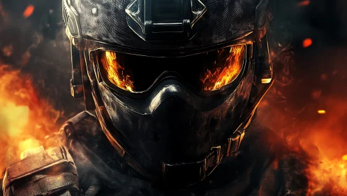 Armored futuristic soldier helmet reflects rising battlefield fire
