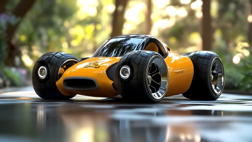 Compact orange concept car rests on wet reflective track