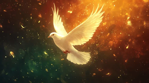 Luminous white dove in volumetric bokeh firelight field.