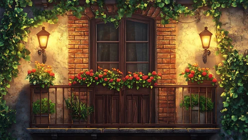 Evening balcony with brick façade, lamps and potted plants.