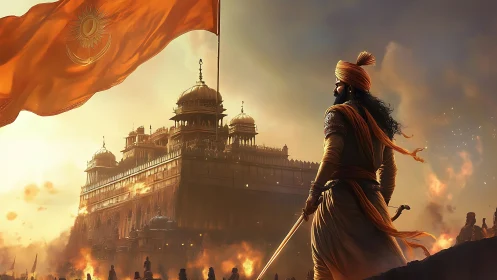 Sunlit warrior guards a blazing fortress of memory and fire.