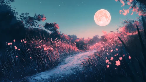 Moonlit path through glowing pink wildflower meadow.