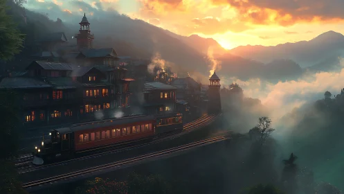Sunset mountain train glides past misty lantern-lit village