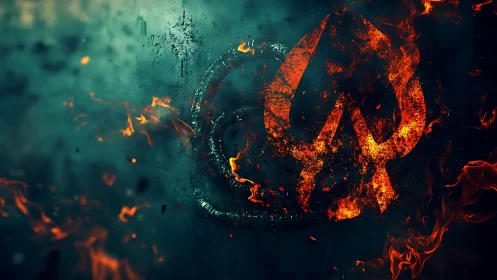 Burning sphere with fire and glowing embers against teal background.