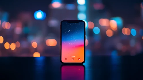 Photorealistic smartphone still life with neon bokeh backdrop.