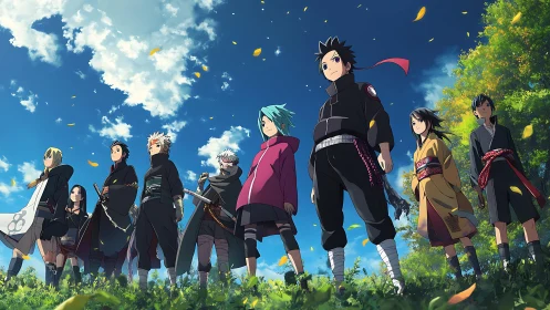 Anime squad under dynamic sky captured in low-angle composition