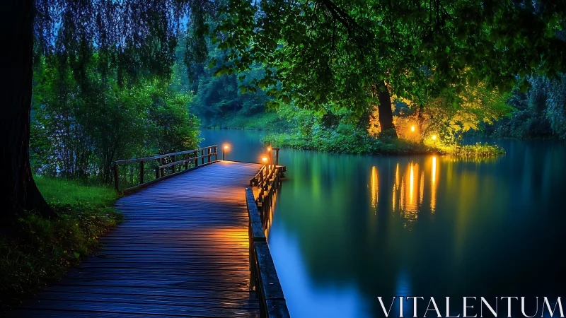 Moonlit lakeside boardwalk glows with secret garden lamps.