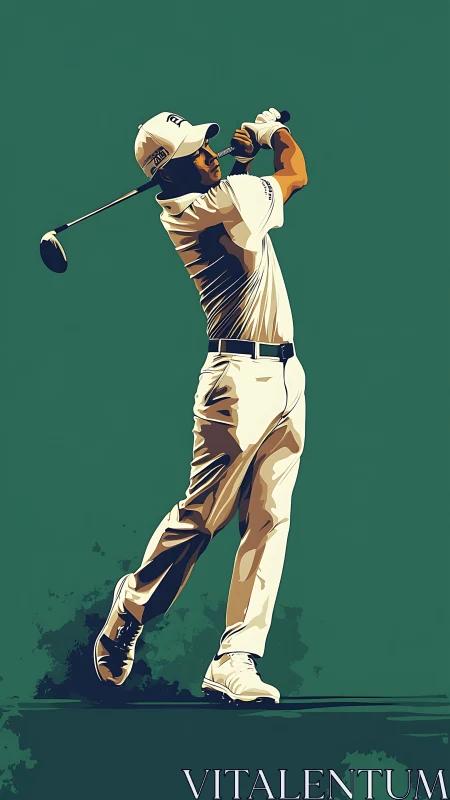 Golfer completes a powerful drive against bold green field