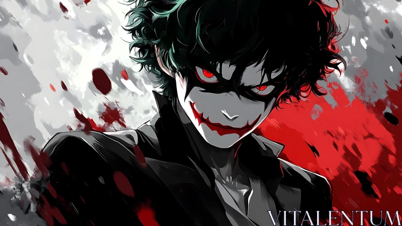 Male anime figure with mask-like makeup stares forward