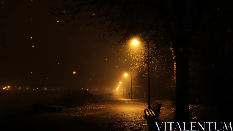 Nocturnal riverside promenade under sodium vapor haze glow.
