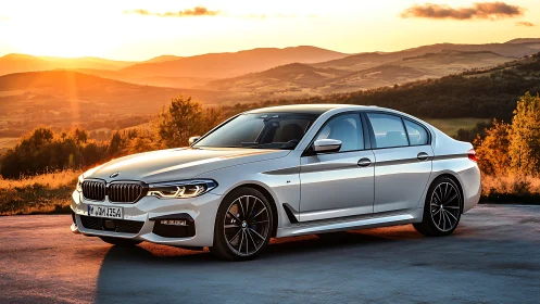 Silver executive sedan in golden hour mountain landscape.