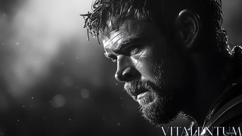 Brooding bearded man in dramatic black and white closeup.