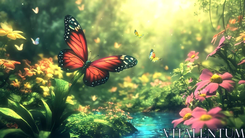 Sunlit butterflies drift above a dreamy enchanted forest stream