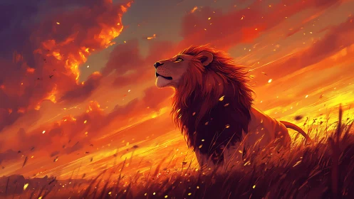 Spectral lion profile under pyroclastic chromatic sunset field.